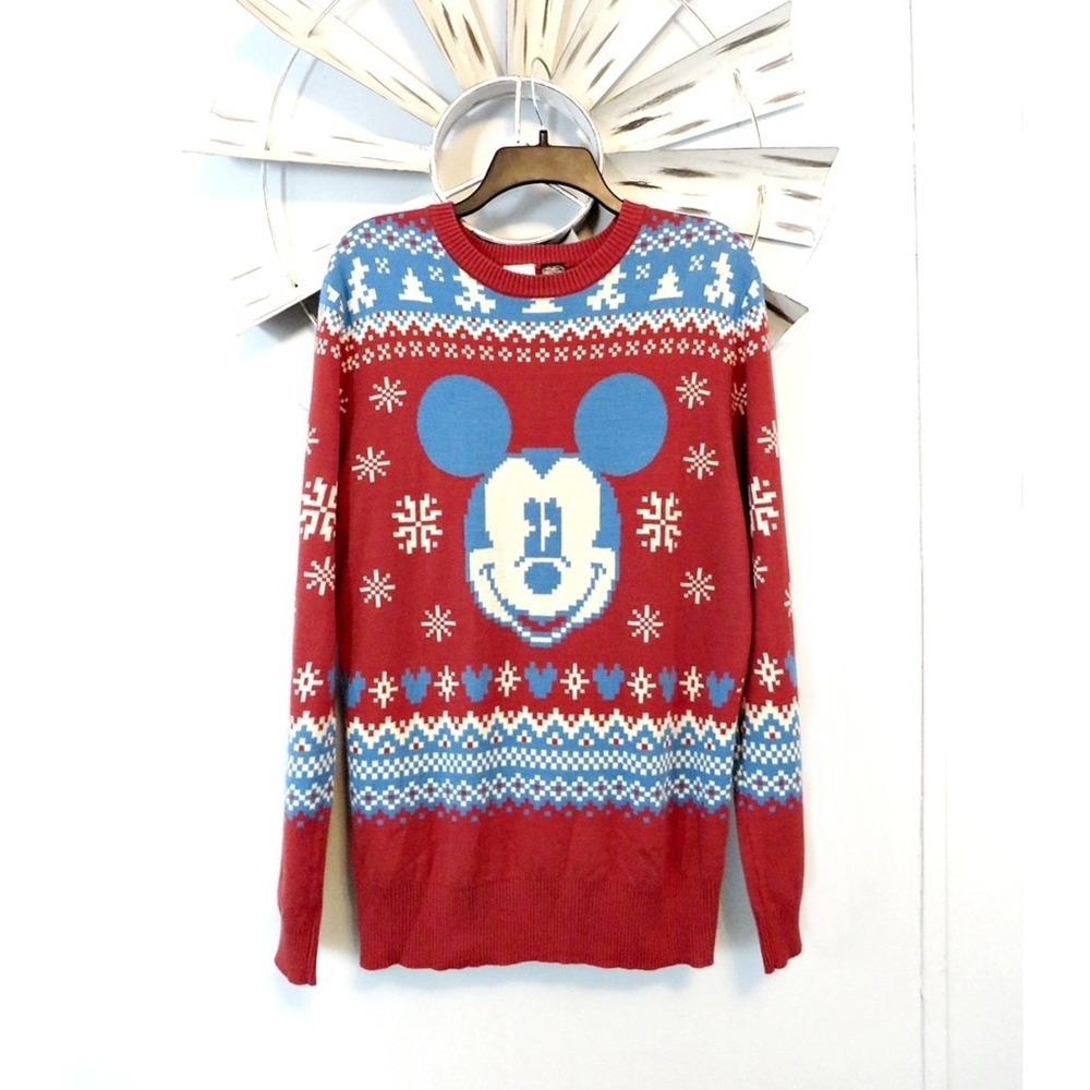 Disney Mickey Mouse Holiday Christmas Sweater Red Isle Knit Pattern Size Large